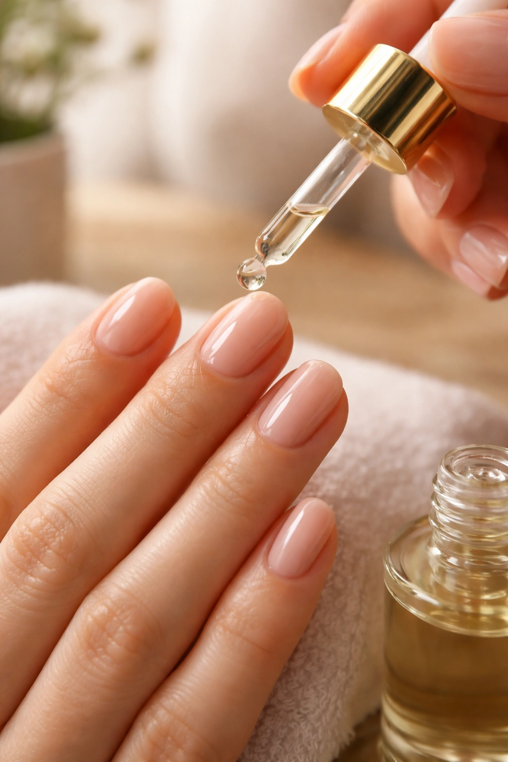Hand applying cuticle oil to short oval nails.