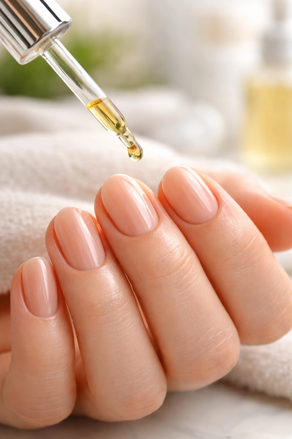 Hand applying cuticle oil to nails with moisturized cuticles