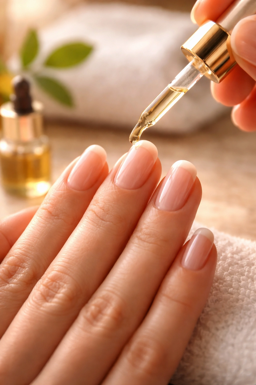 Close-up of hand applying cuticle oil to nails to maintain health between dip powder manicures