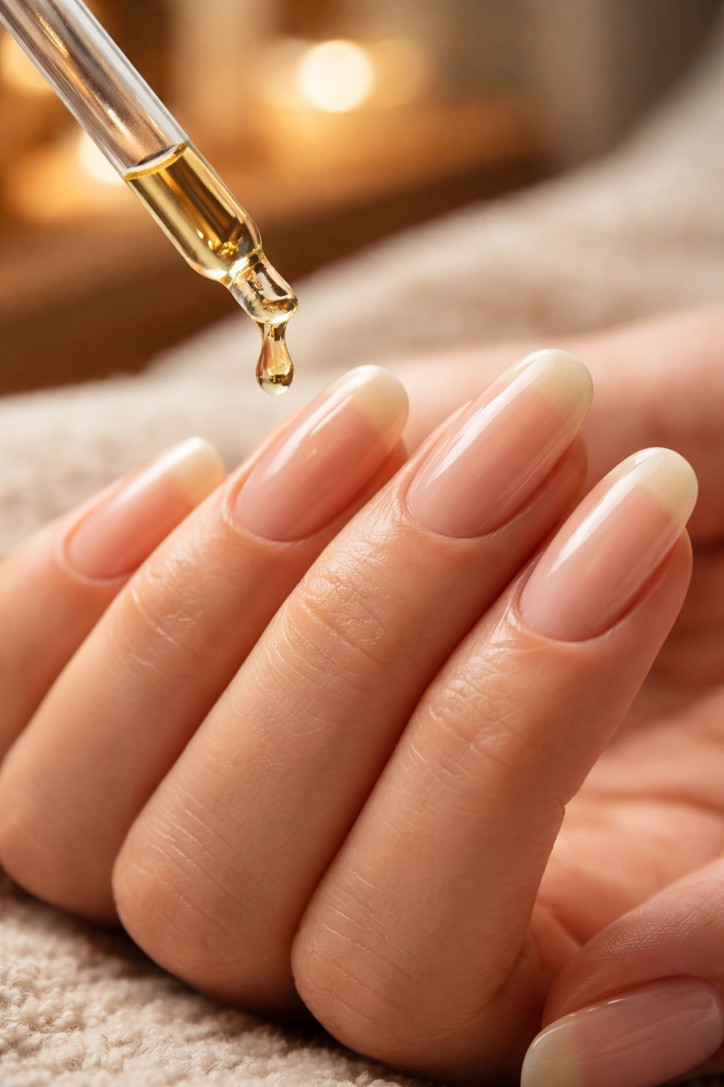 Nails with a glistening cuticle oil drop near the cuticles
