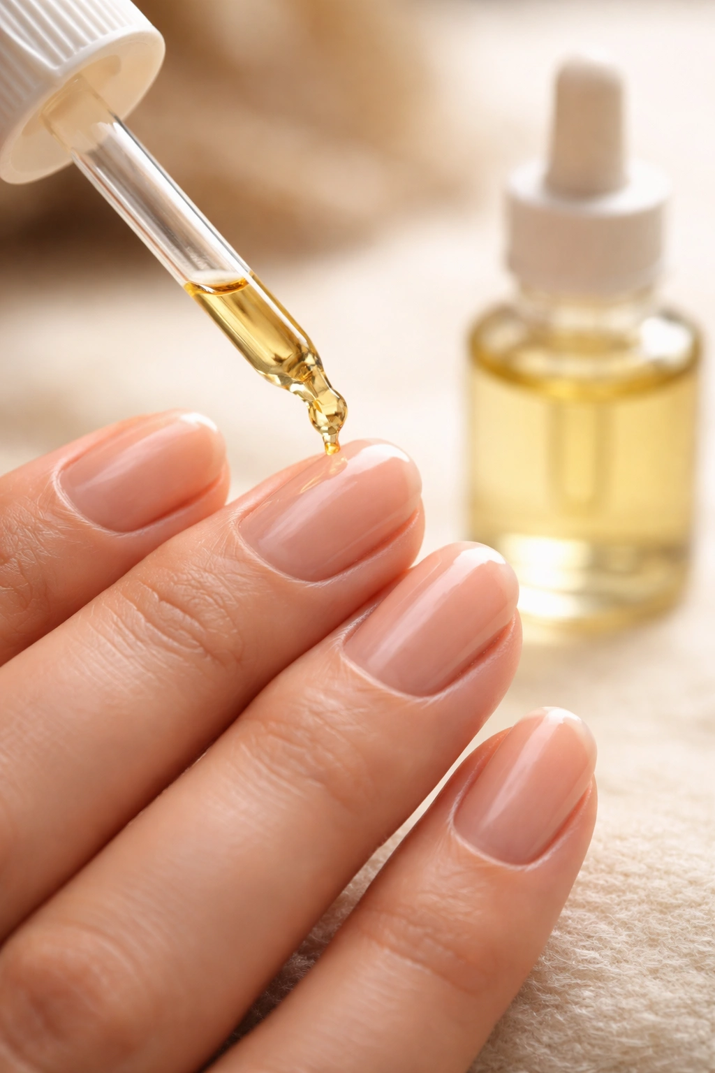 Hand applying cuticle oil to nails