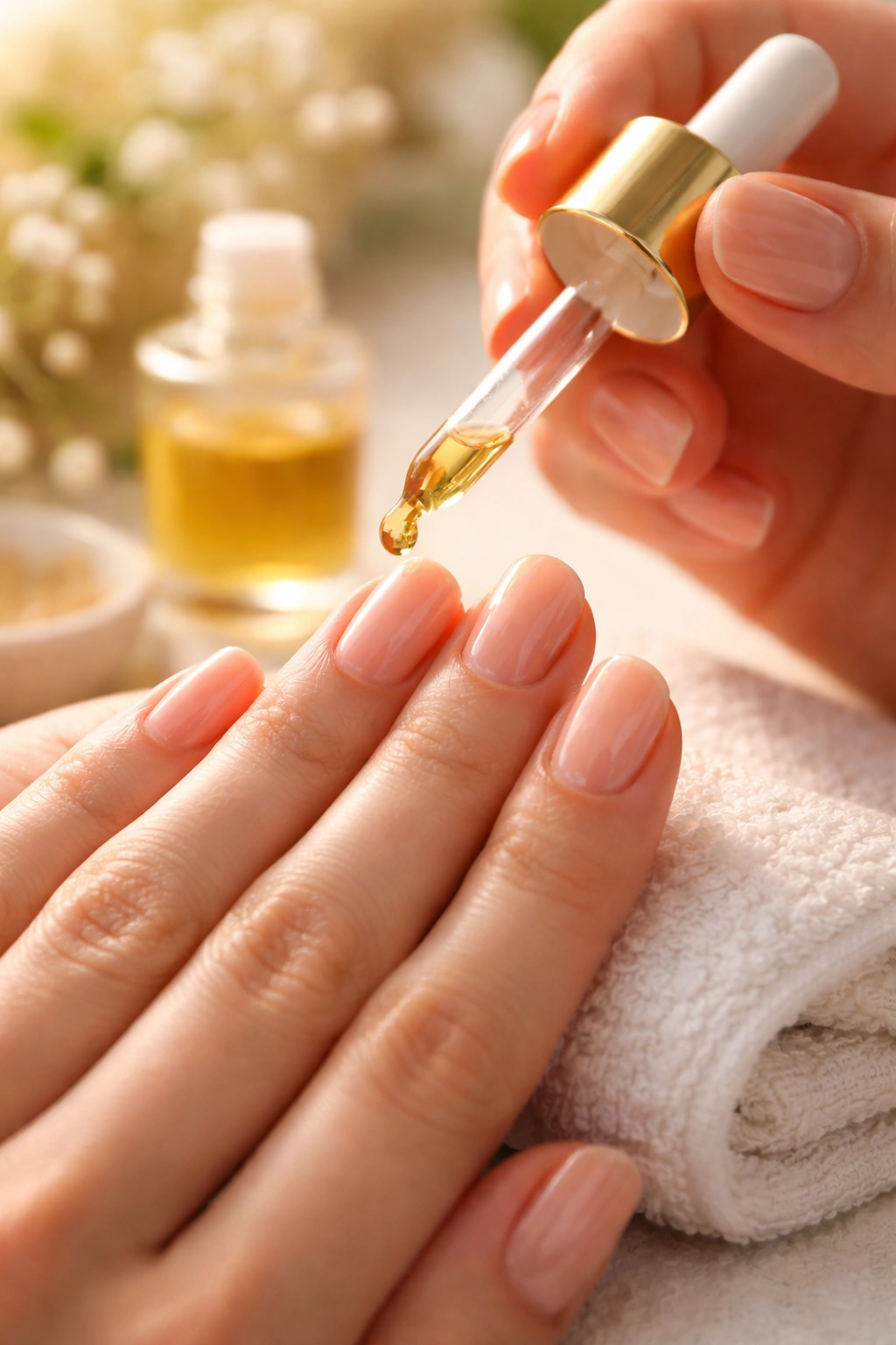 Fingers massaging cuticle oil into cuticles and nails