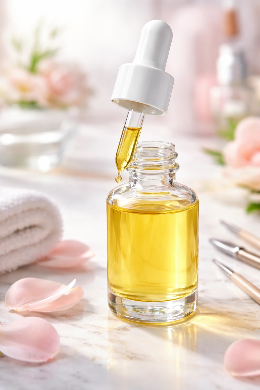 Cuticle oil bottle with soft colored background
