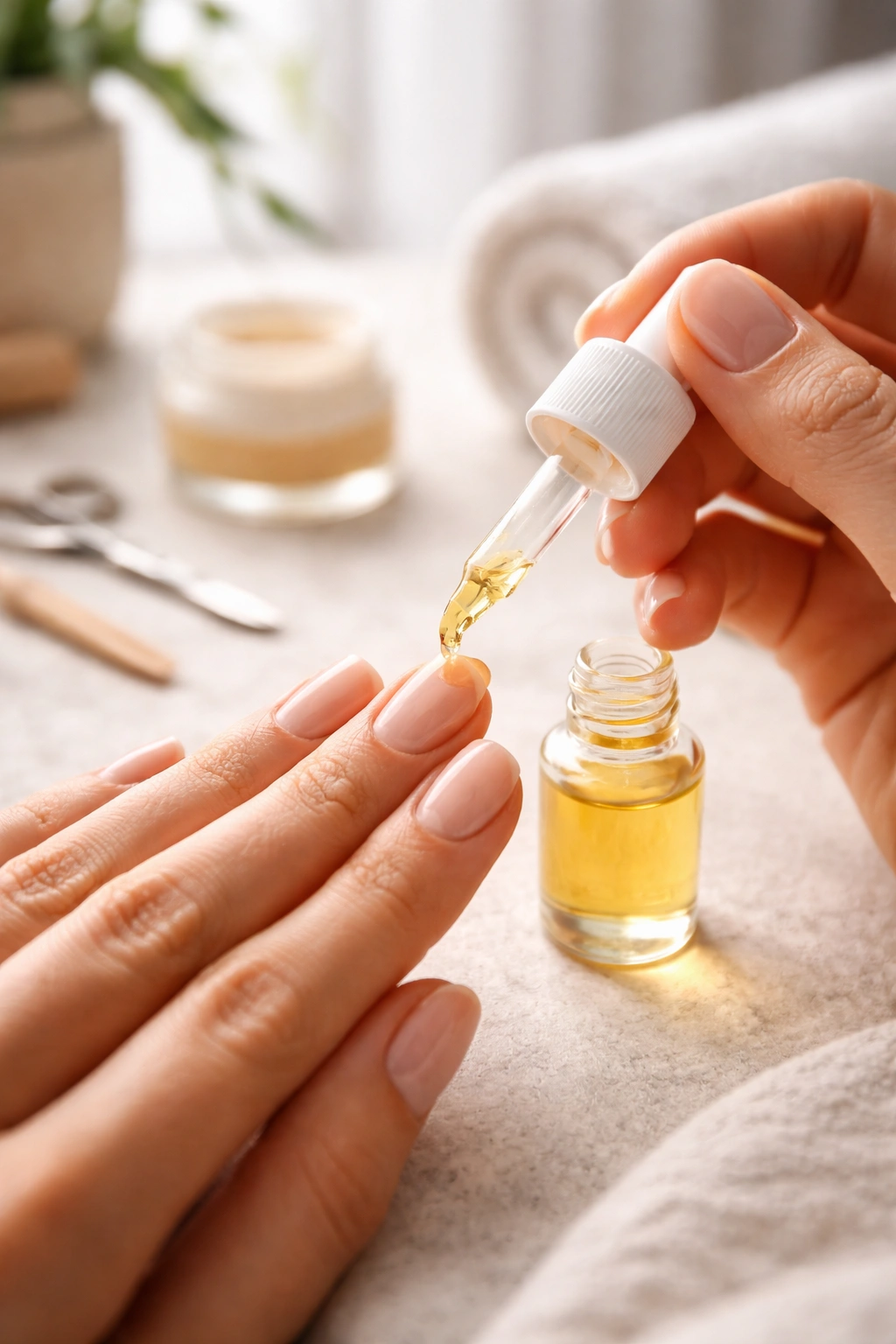 Hands applying cuticle oil as part of a daily routine