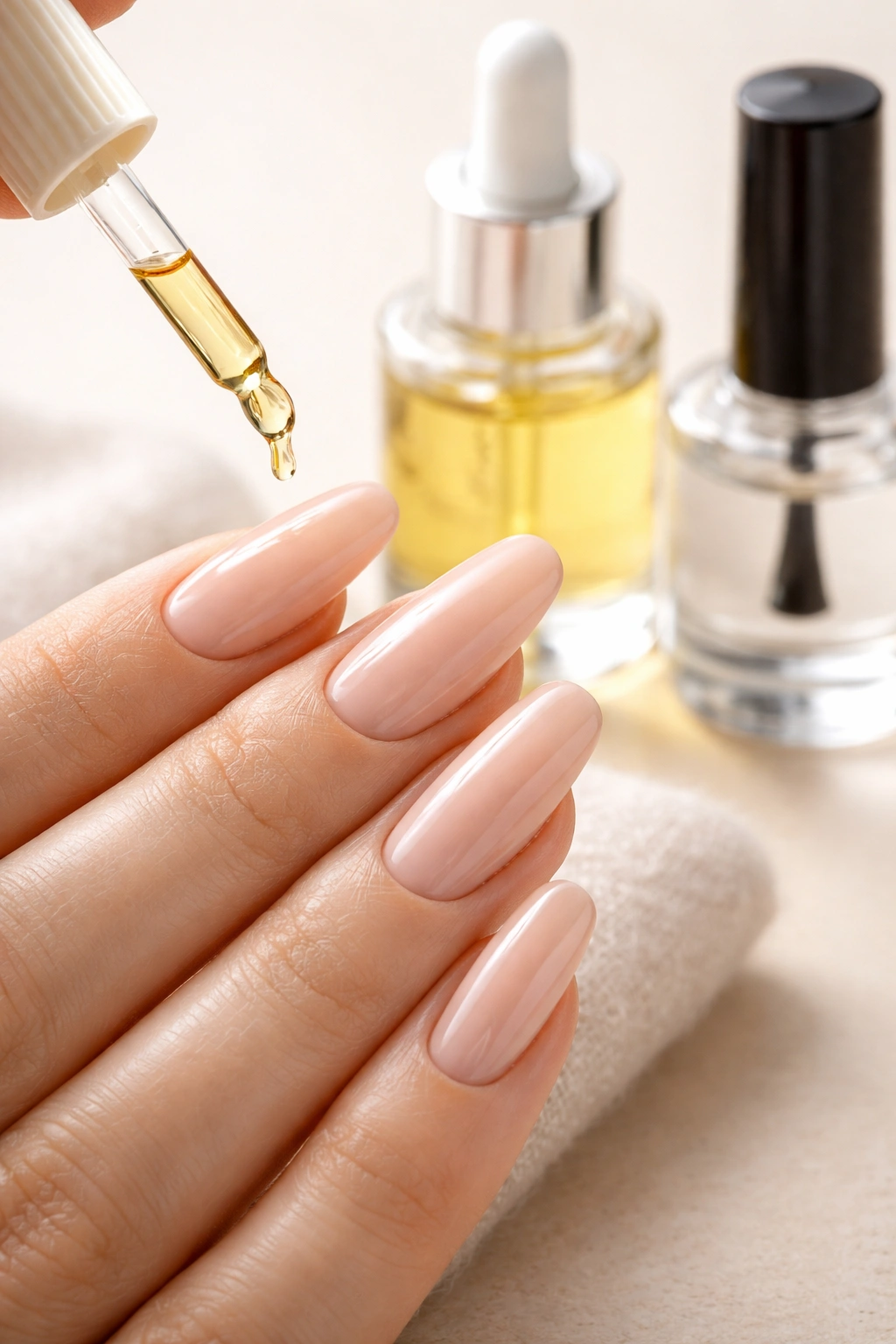 Hand applying cuticle oil on nude nails with visible oil bottle and top coat
