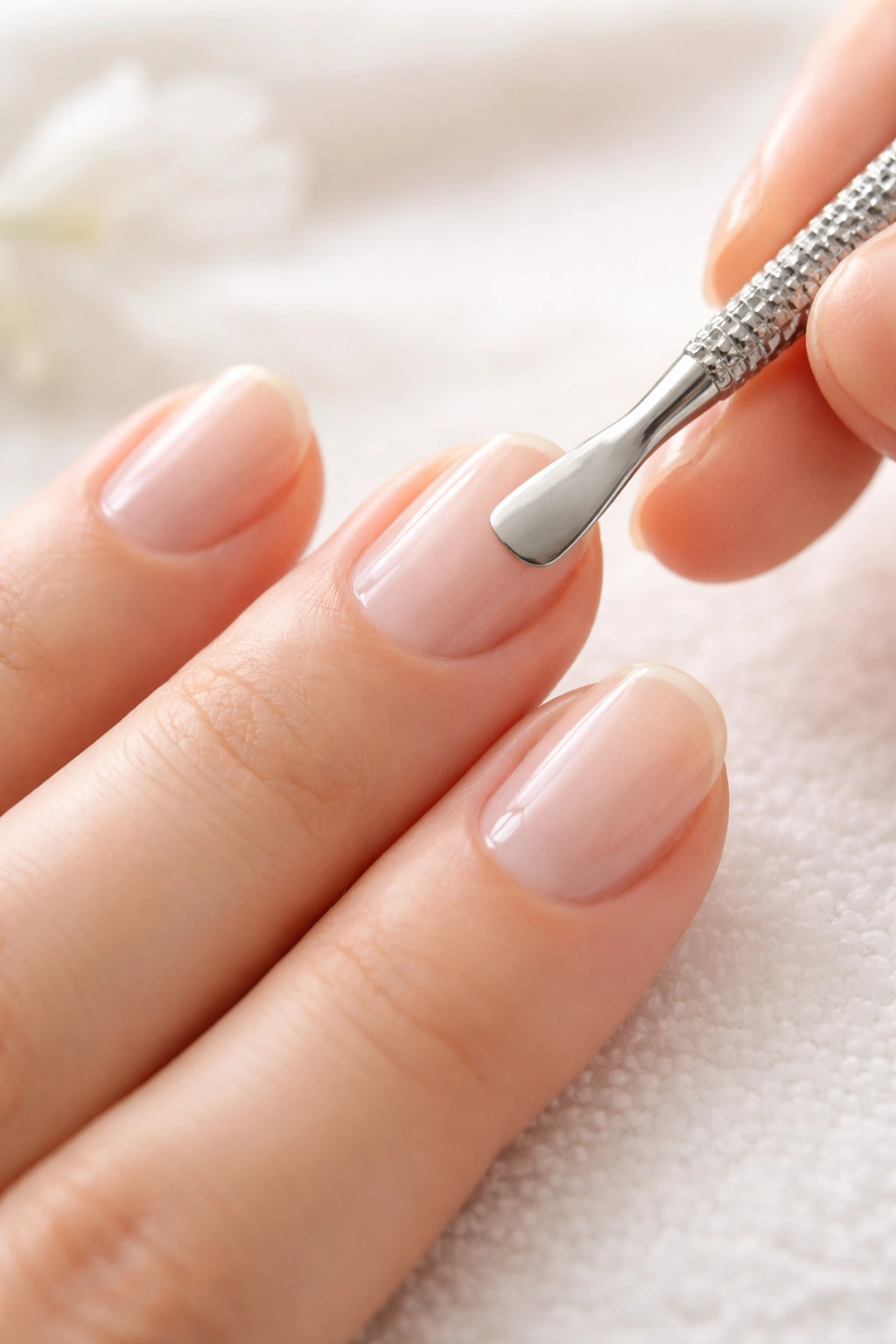 Nail base with cuticles gently pushed back for better sticker fit