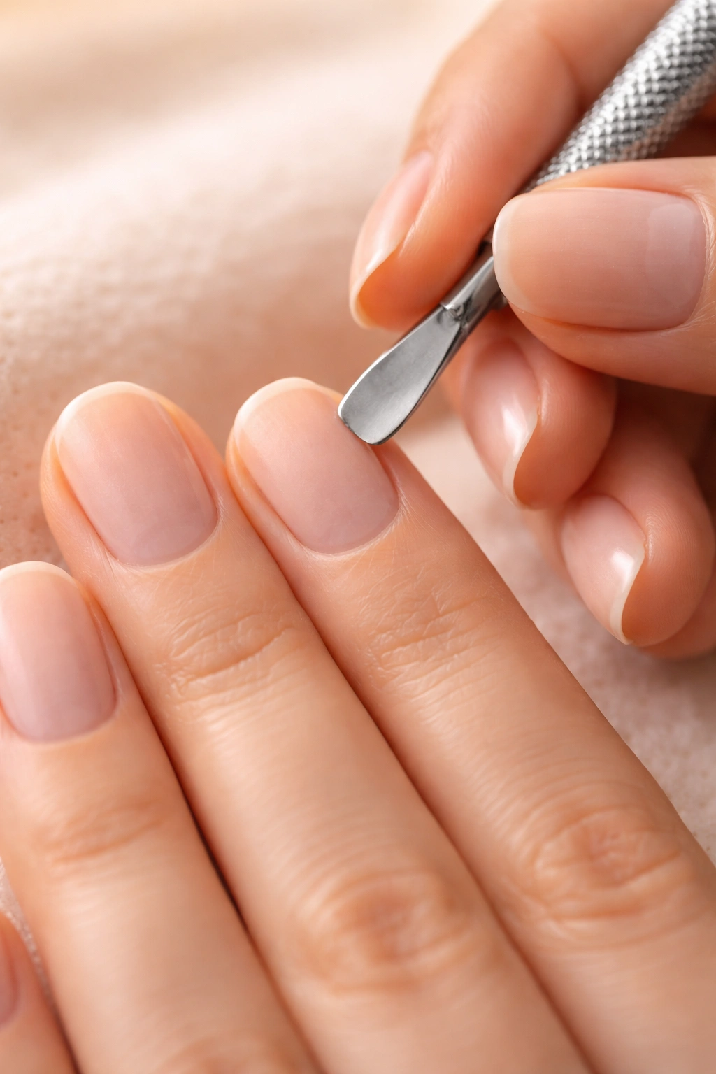 Cuticle push and buff to create a clean nail canvas