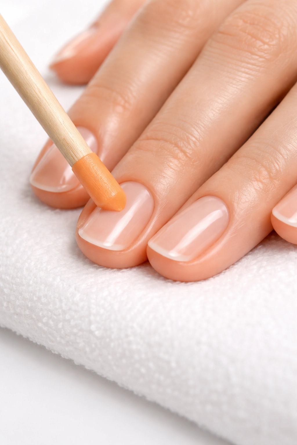 Close-up of a hand gently pushing back cuticles with an orange cuticle pusher
