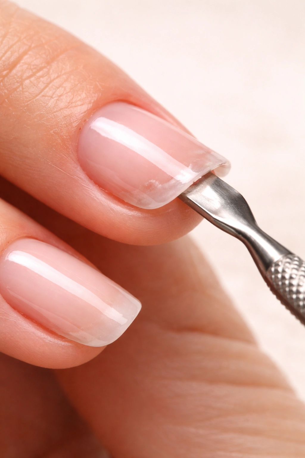 Hand gently removing loose acrylic edge with cuticle pusher