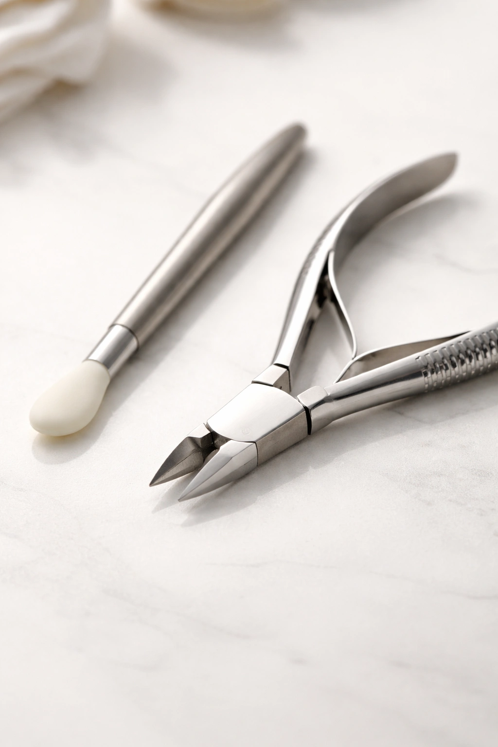 Soft cuticle pusher and precise cuticle nippers on a clean surface