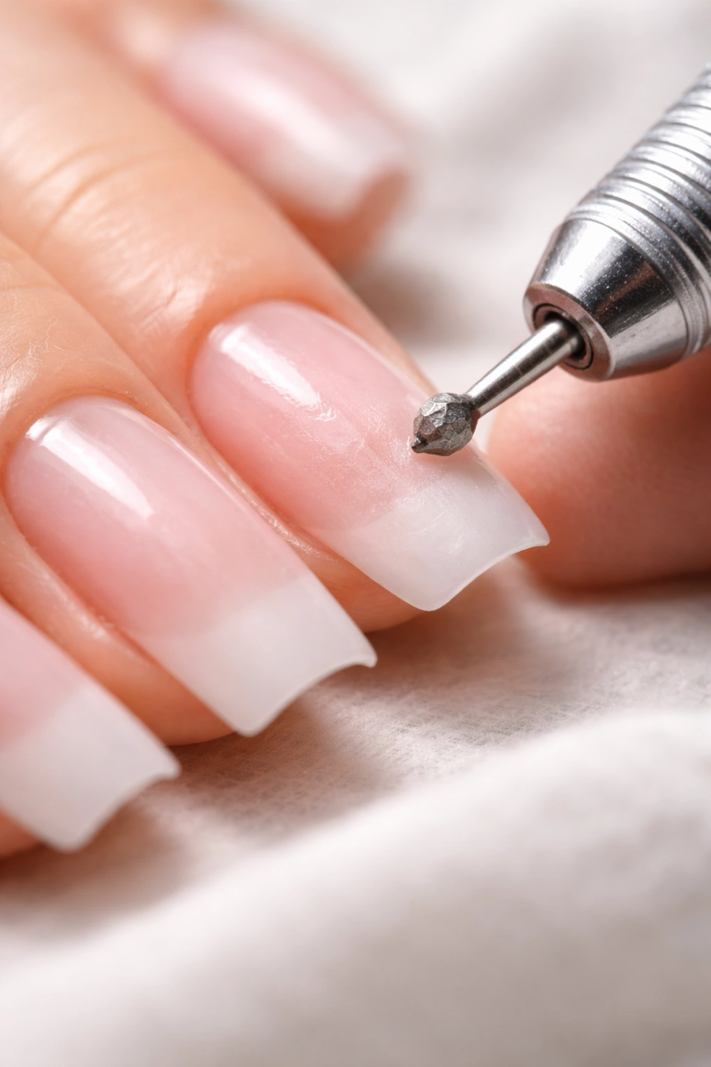 Practice hand performing delicate cuticle work with diamond bit on fake nails