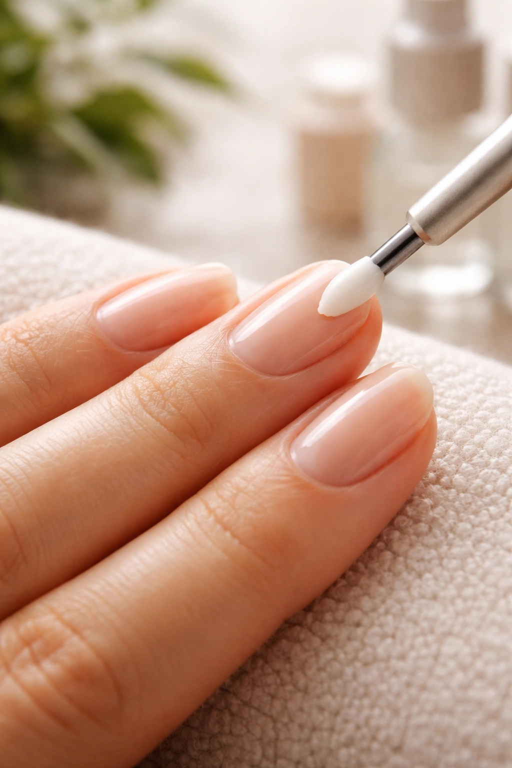 Close-up of cuticles being gently pushed back with a cuticle pusher at the nail base