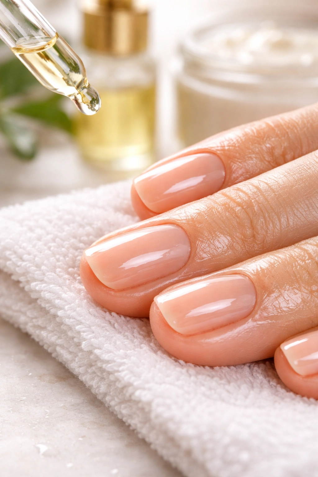 Close-up of moisturized cuticles showing oil sheen