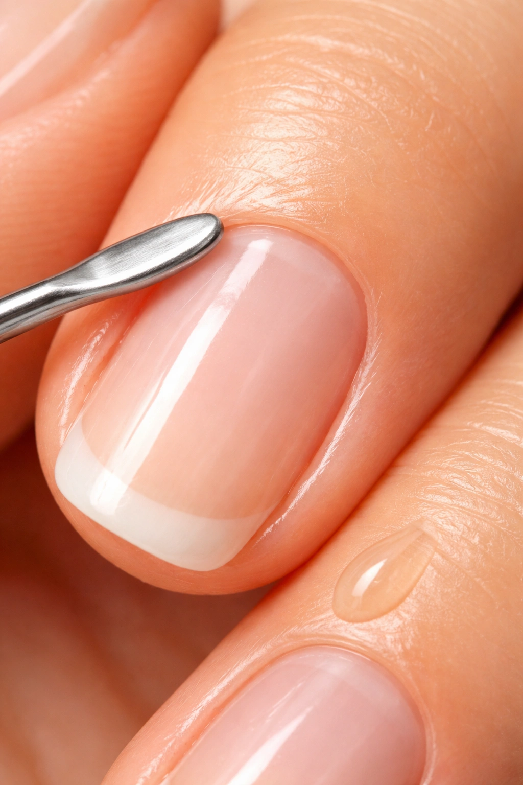 Close-up of a fingernail with pushed-back cuticle and moisturized skin