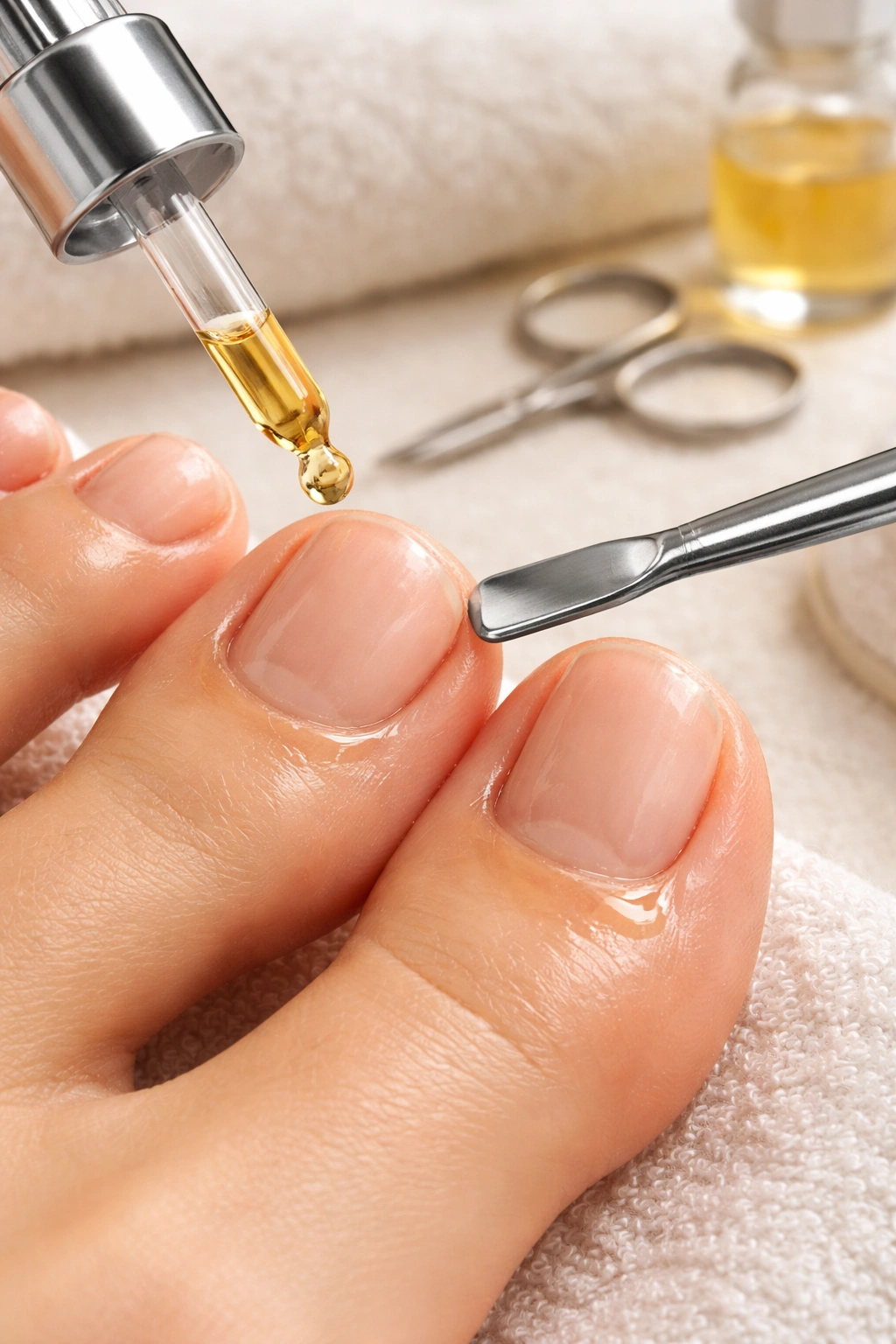 Close-up of healthy cuticles with oil at the base of toenails