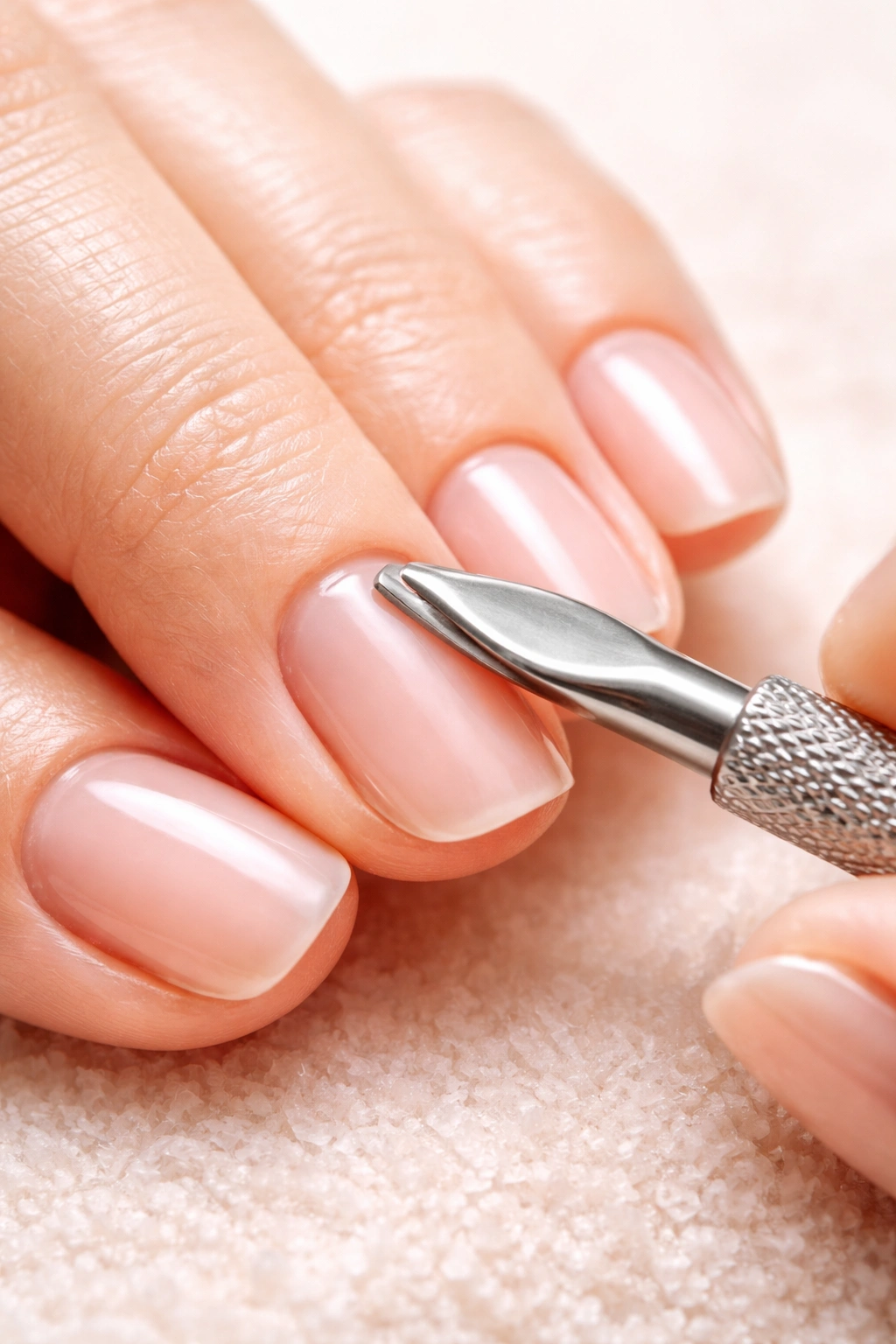 Close-up of cuticles being pushed back to prepare nail bed