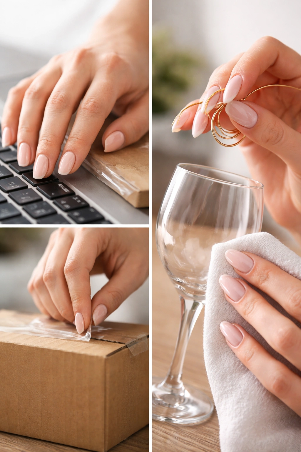 Hands with rounded nails and stilettos performing daily tasks to illustrate practicality differences