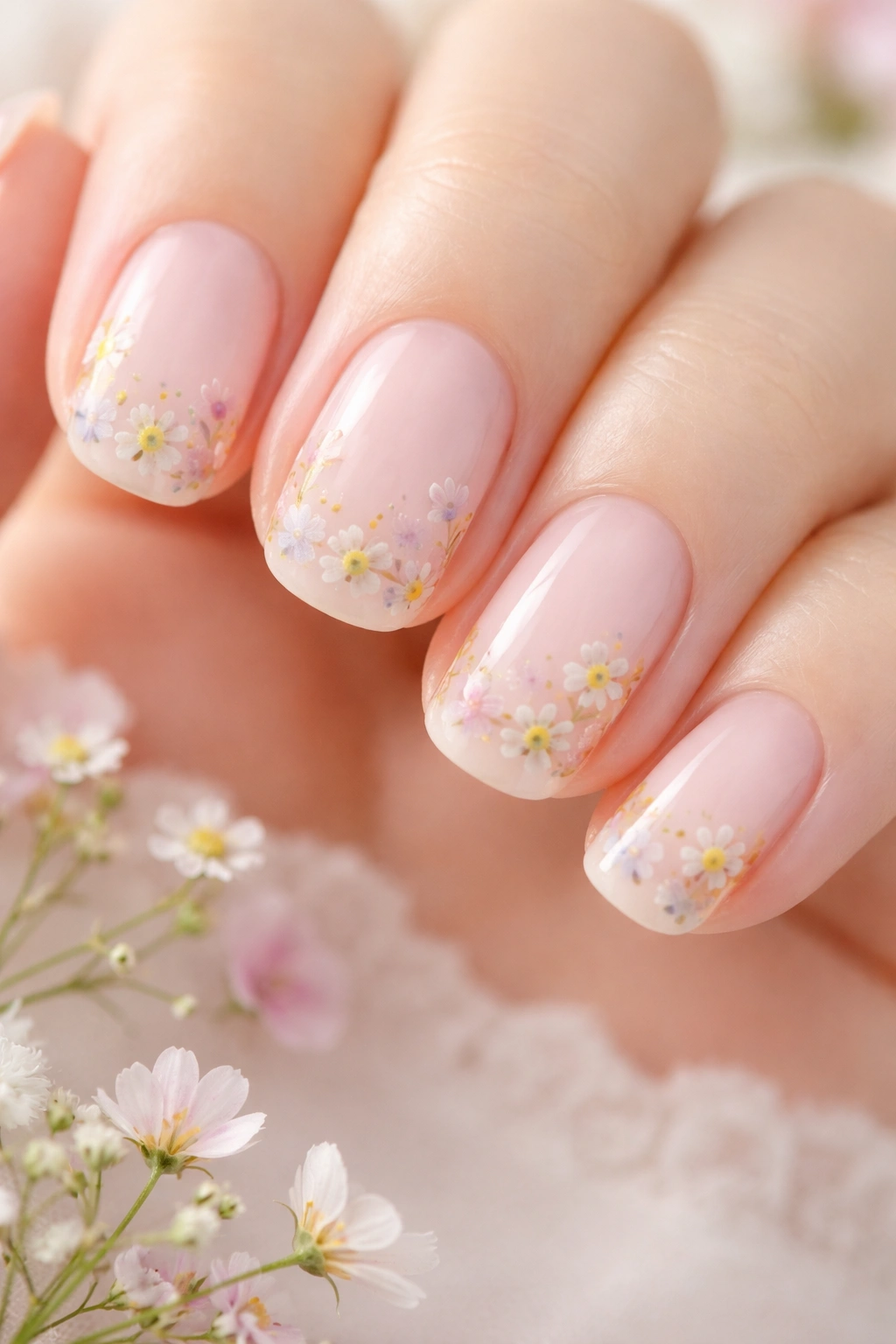 Close-up of short nails with micro floral decals and milky encapsulation