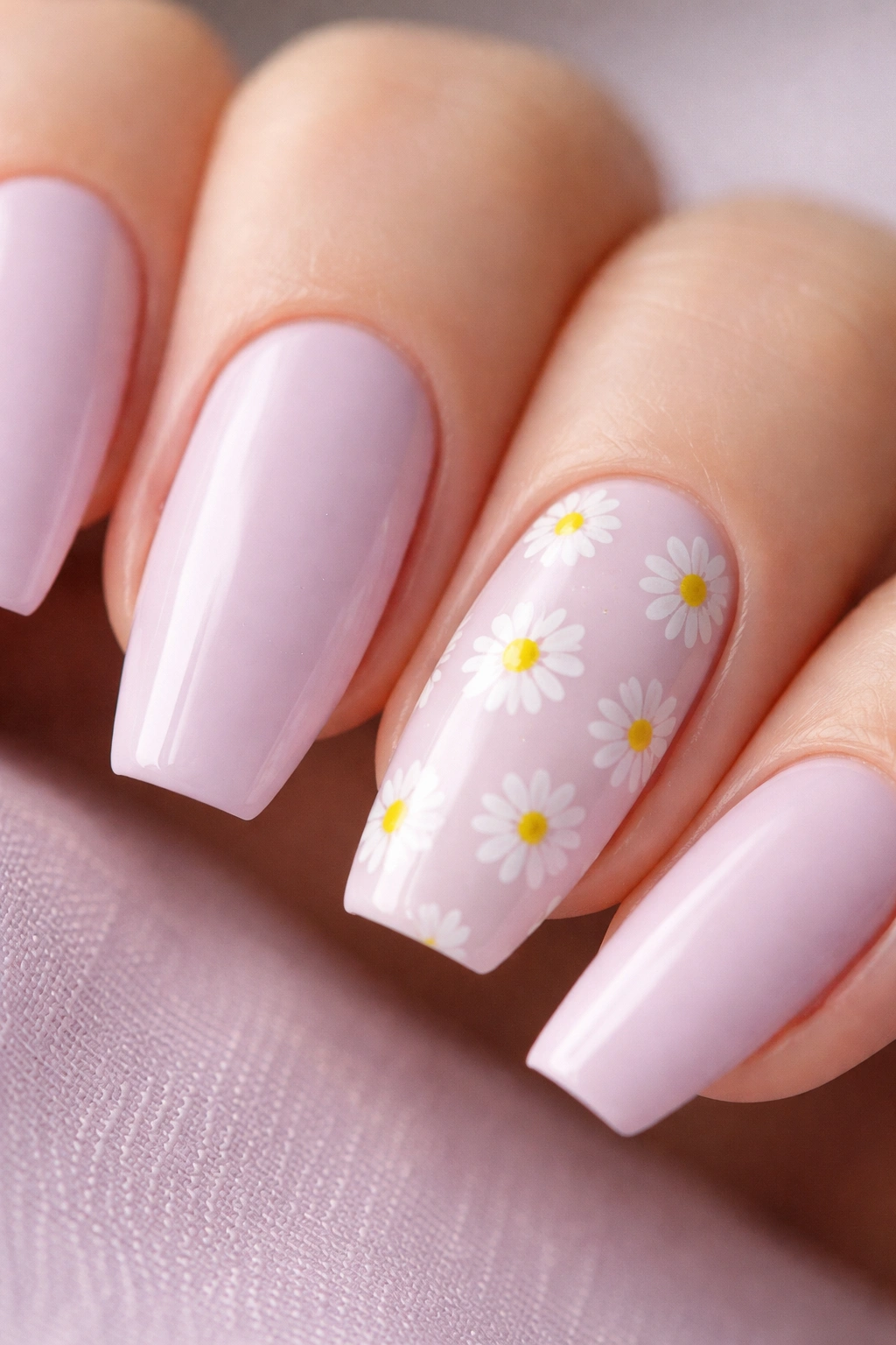 Close-up of nails with a cream lilac base and tiny white daisies on an accent nail