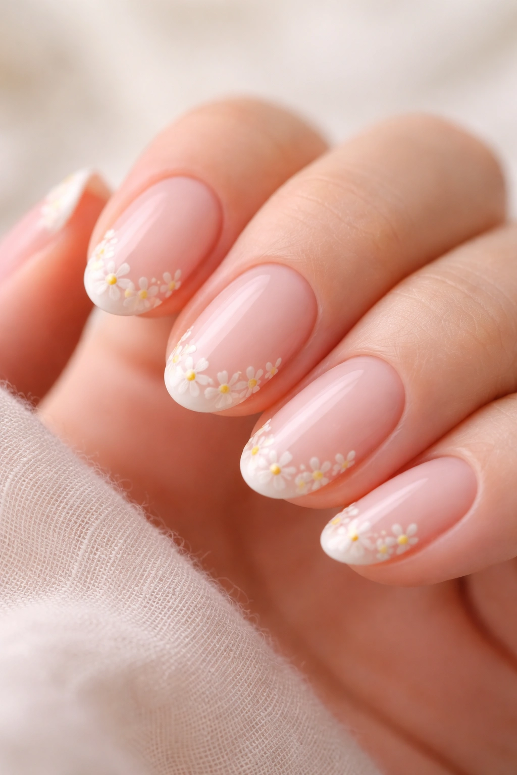 Close-up of tiny white daisies on short almond nails with milky pink base.