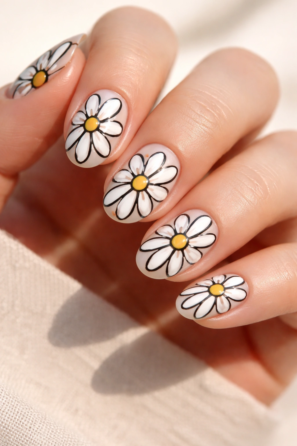 Short almond nails with beige base and black-outlined white daisies.