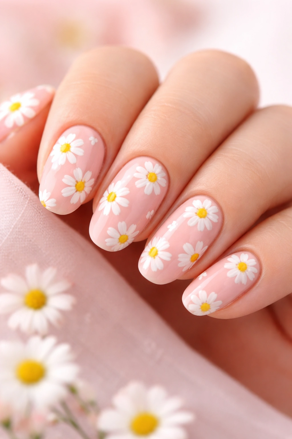 Close-up of nails with pale pink base and white daisies with yellow centers