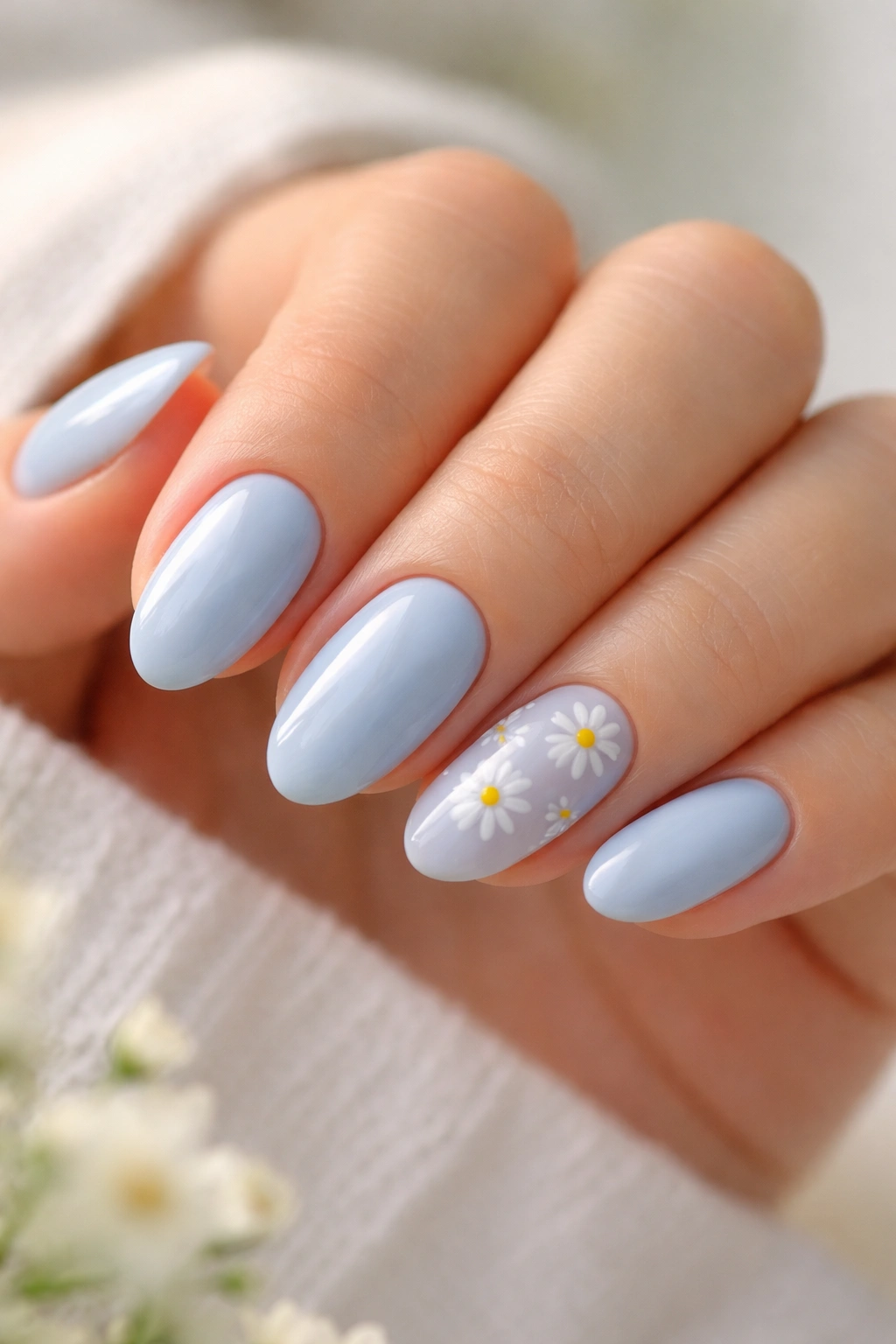 Close-up of short almond nails with light blue polish and white daisy accents on one nail