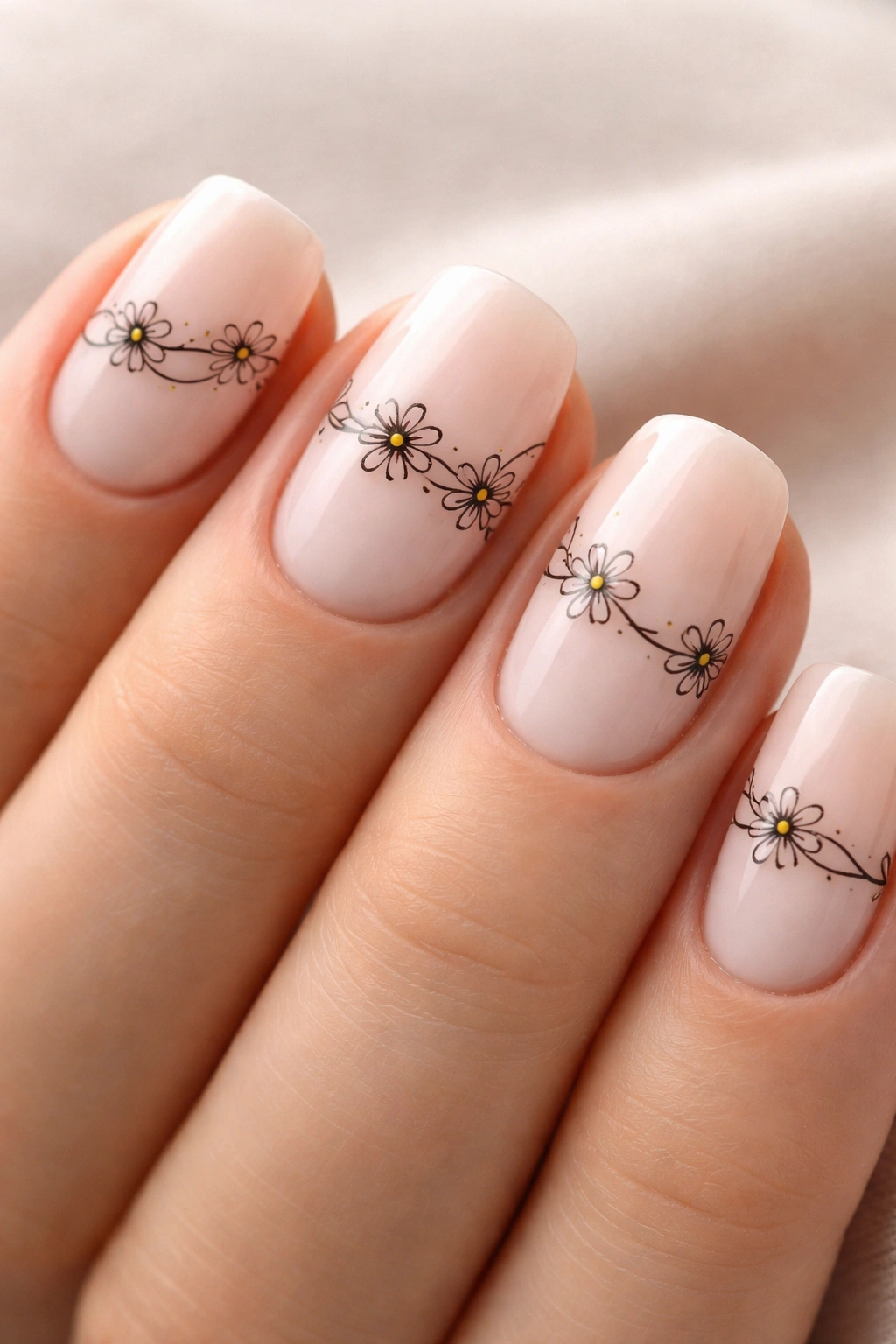 Line-drawn daisy chain nail art on short squoval nails