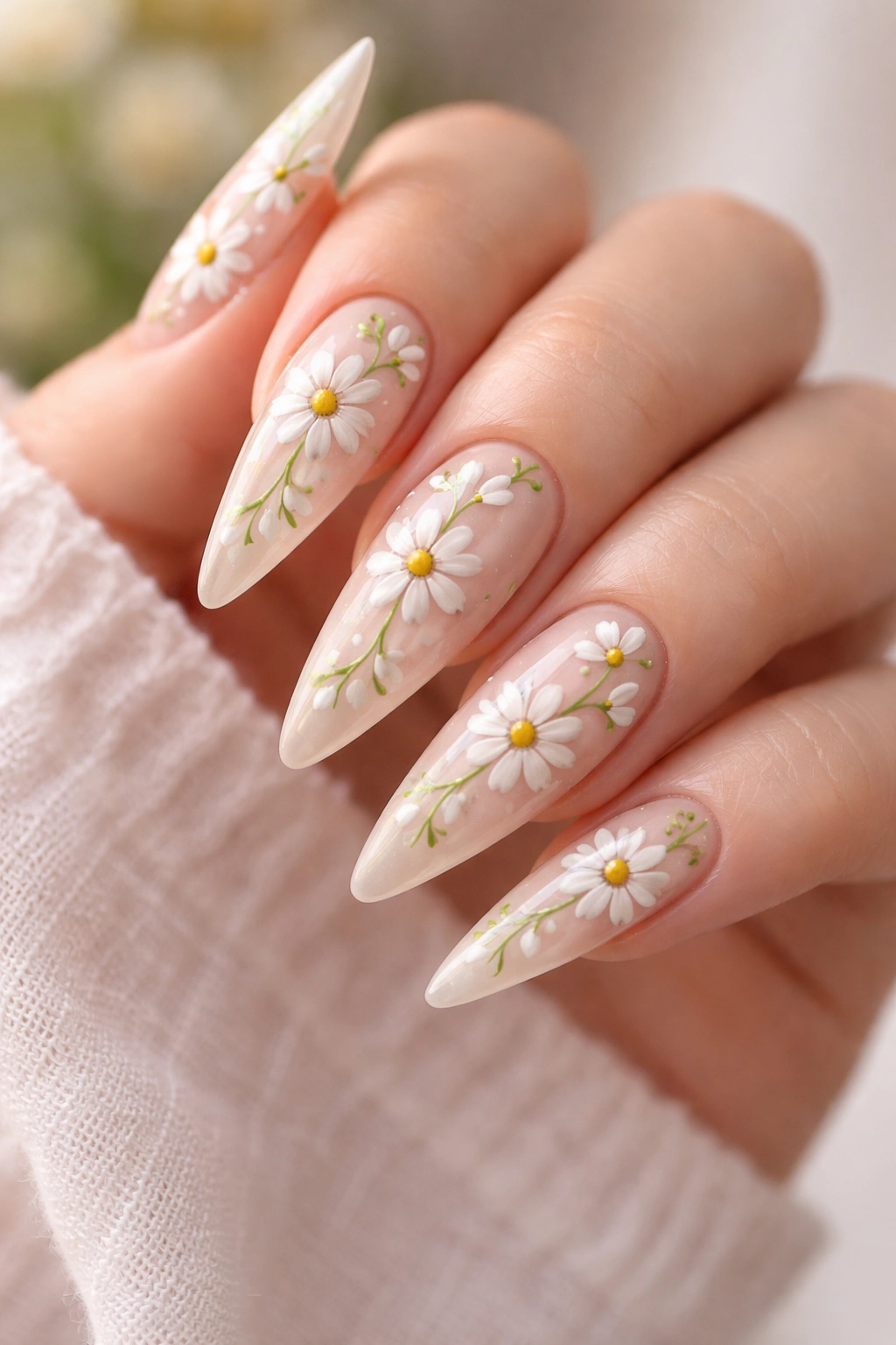 Stiletto nails with a daisy chain motif and vine links
