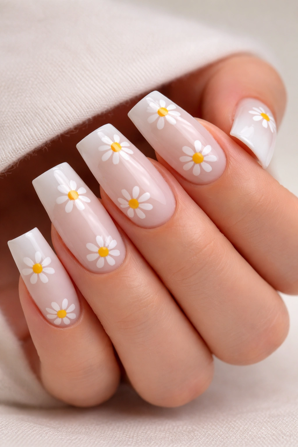 Close-up of Daisy White and Yellow Duck Nails with Minimal Design showing simple daisies on white nails