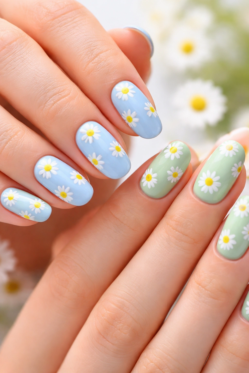 Two hands with matching daisy nail art on pastel bases.