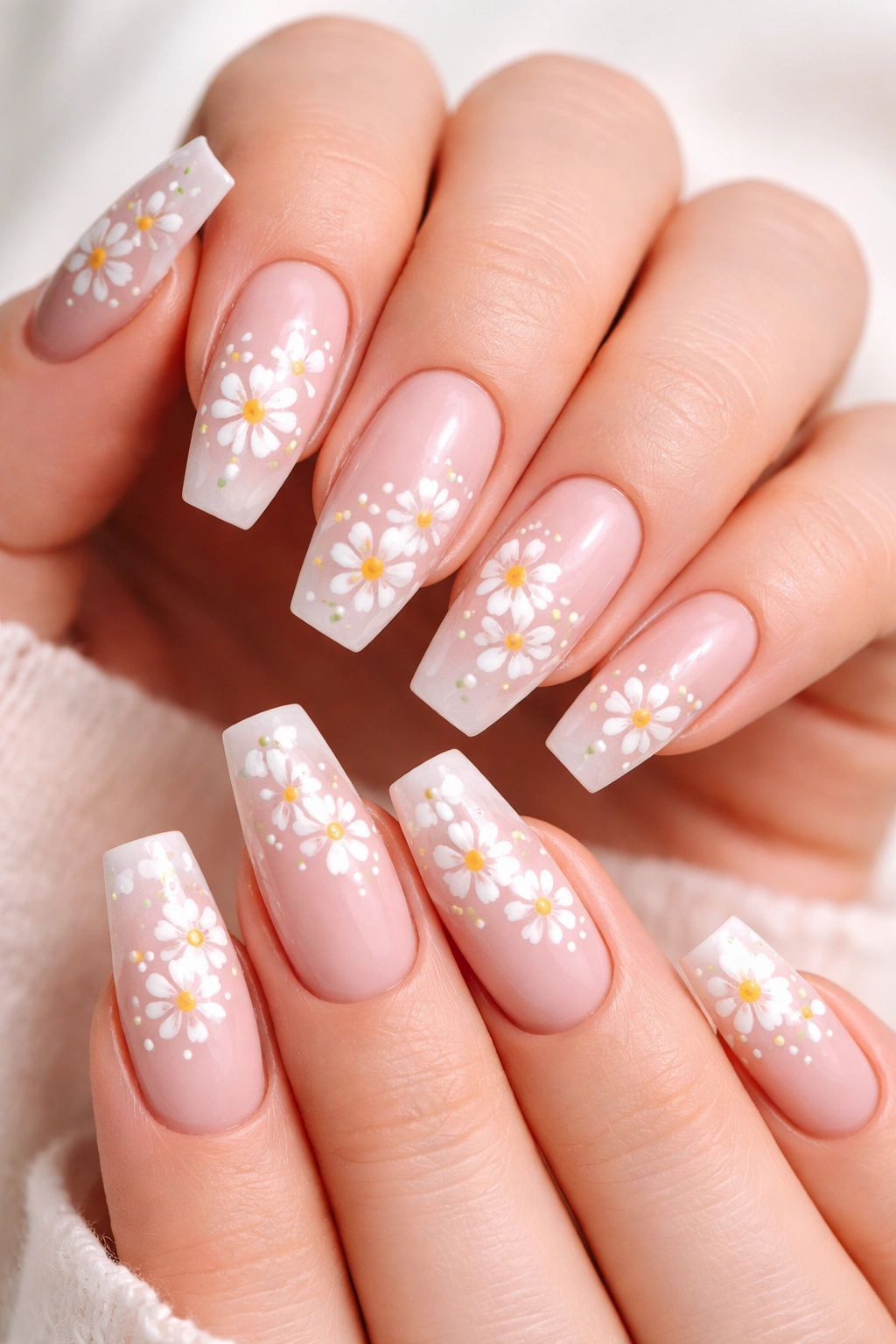 Close-up of medium coffin nails with hand-painted white daisies on a pale pink base