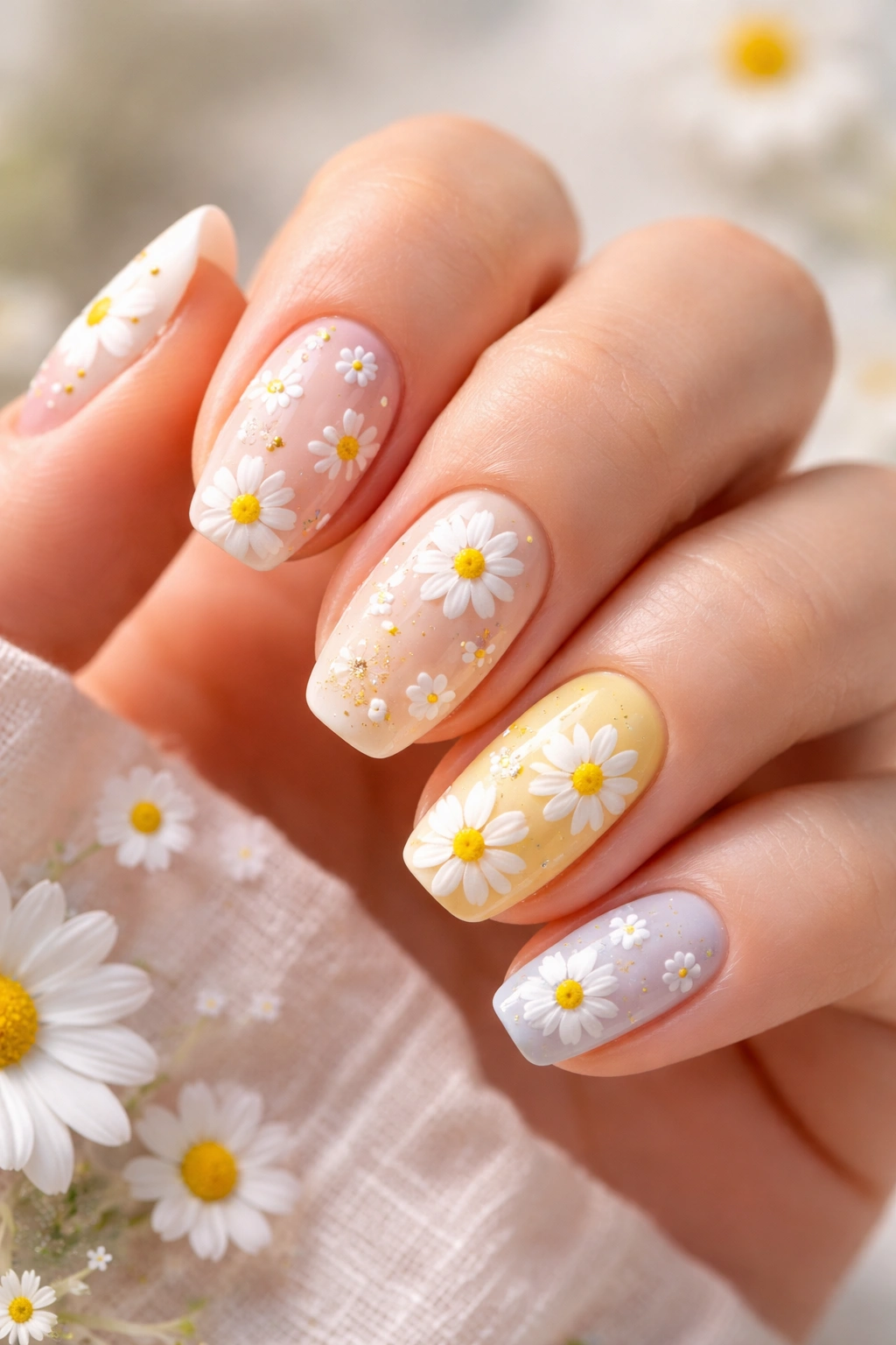 Hand showing multiple daisy nail designs