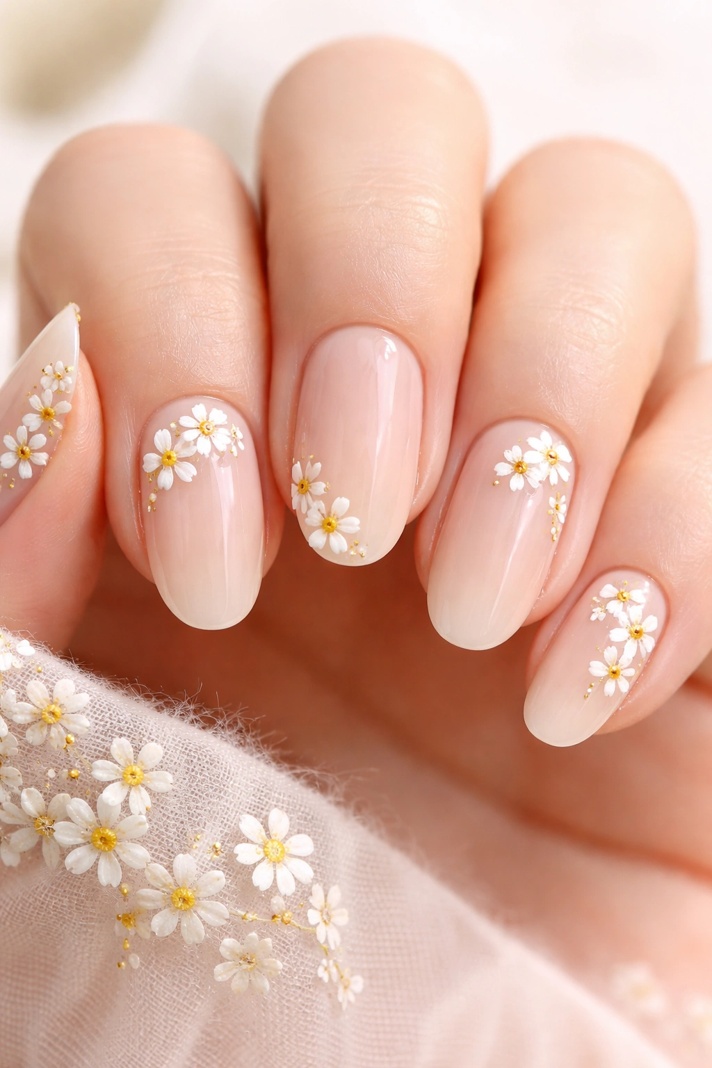 Close-up of nude manicure with tiny white daisies and yellow centers scattered along the nails.