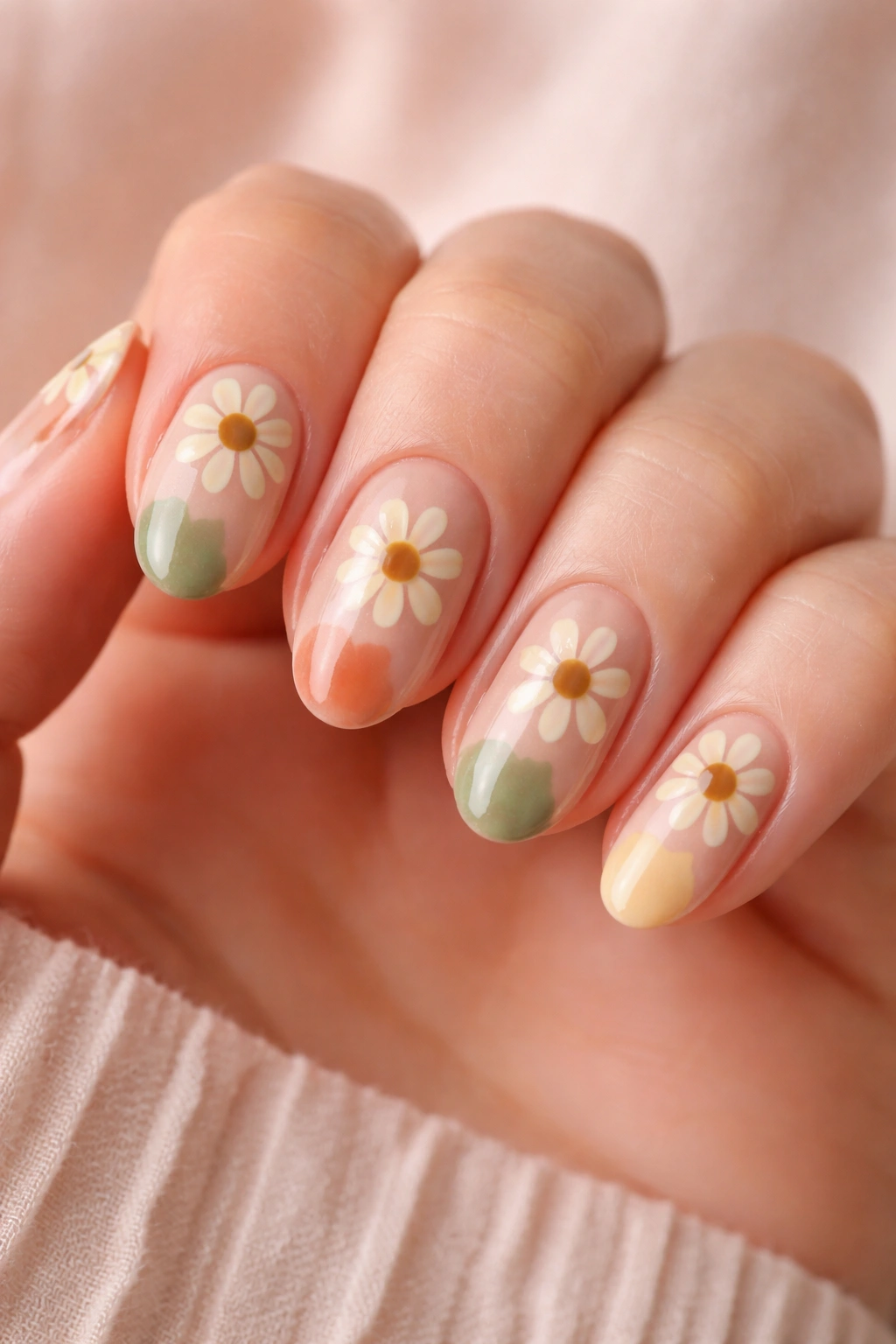 Close-up of short almond nails with faded 70s daisy motifs