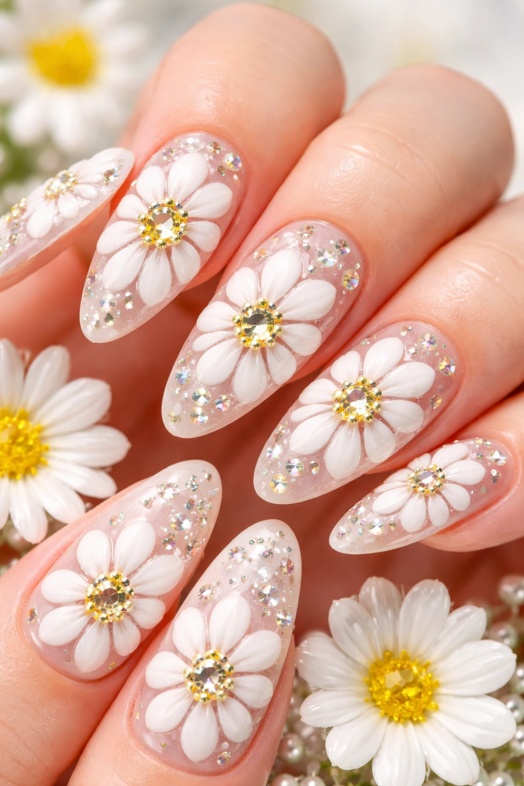 Nails with white daisies and rhinestone centers