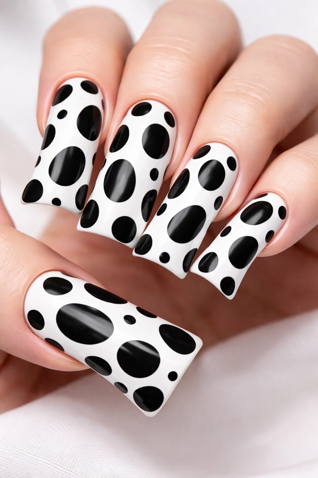 Duck nails with black irregular spots on white base.