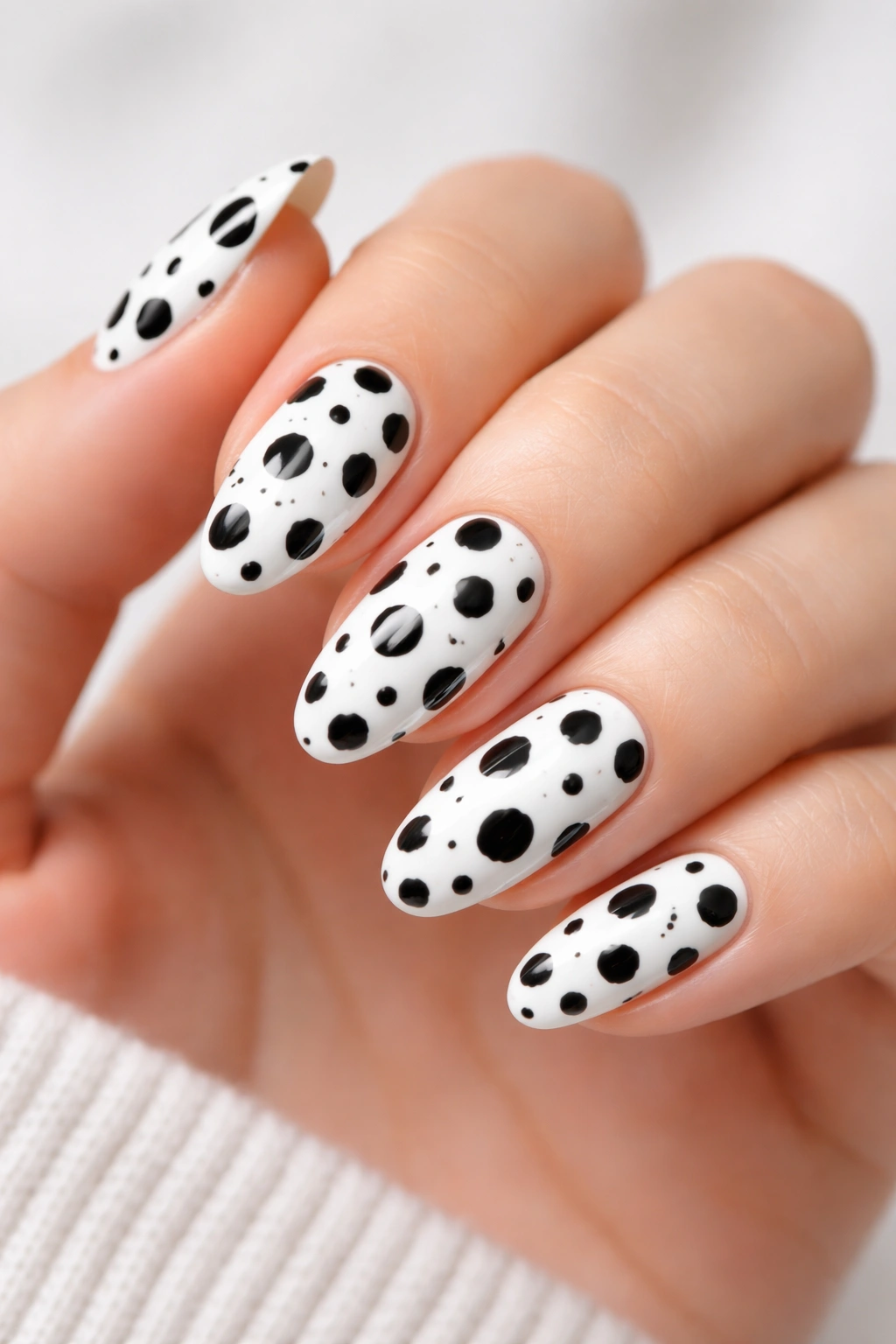 Close-up of Dalmatian print nails with black spots on white base
