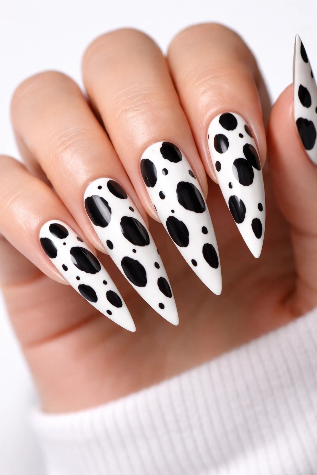 Close-up of dalmatian print nails with large black spots on white background on stiletto tips