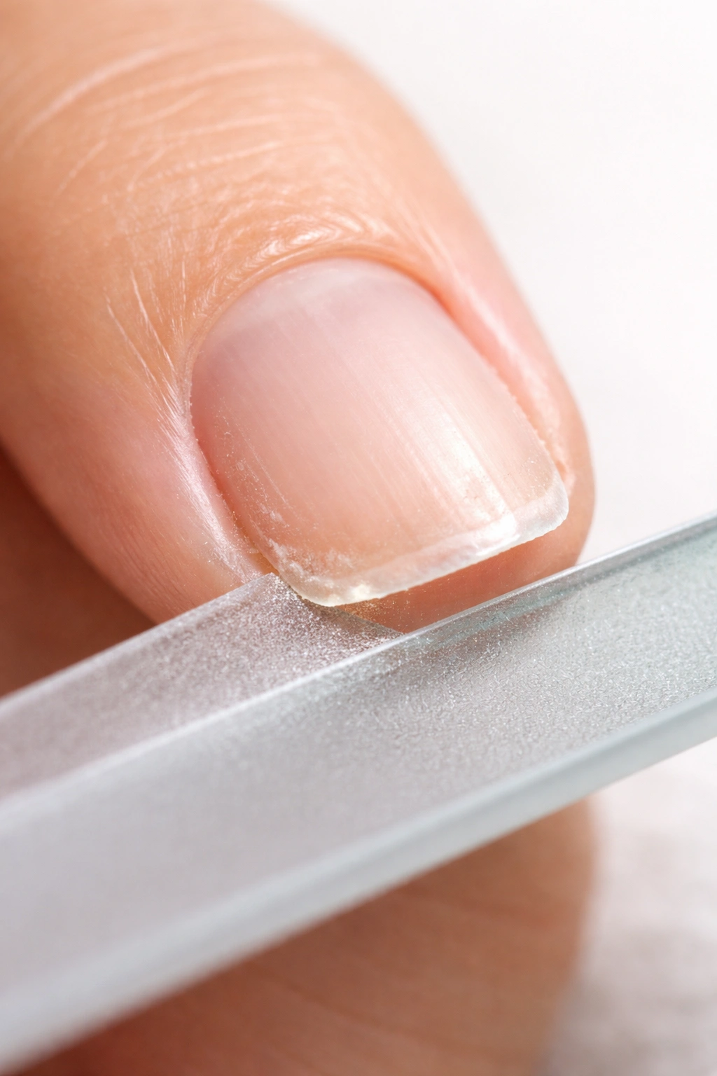 Gently filing damaged brittle nail with fine-grit file along the edge