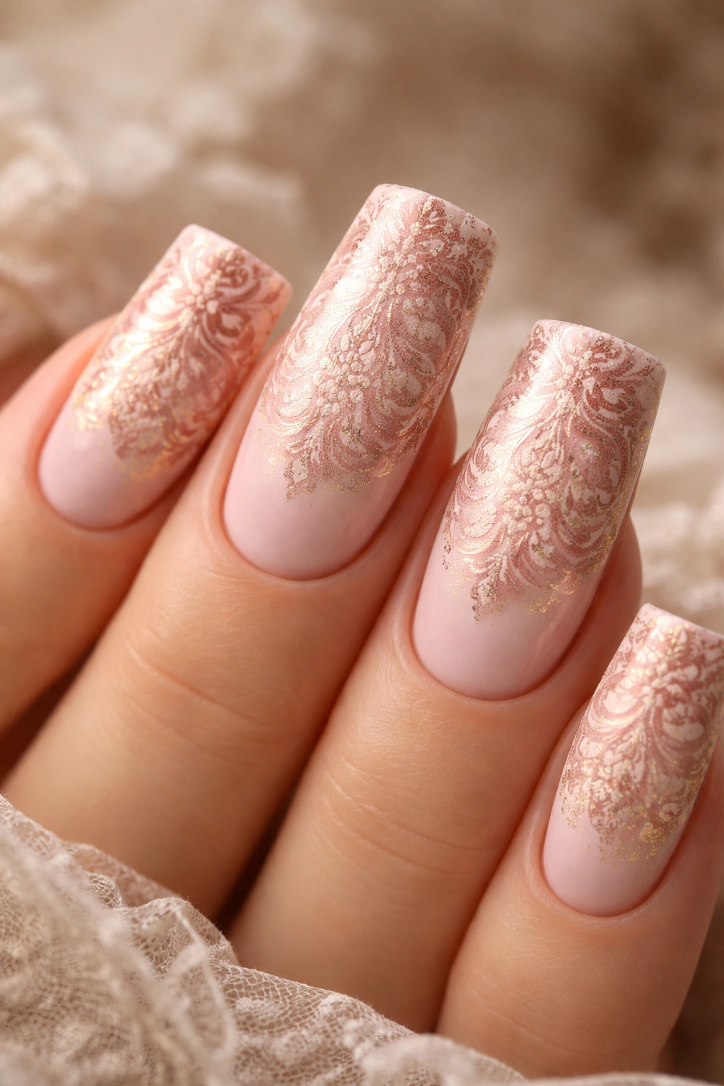 Duck nails with delicate damask pattern in ivory and rose gold