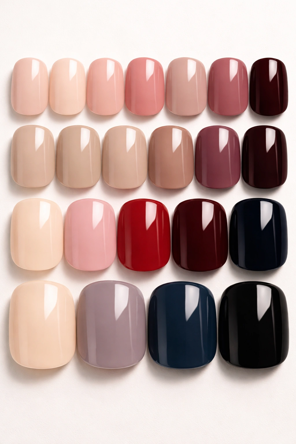 Close-up of Daphnes short squoval gel nails in neutrals and bold colors with gel coating