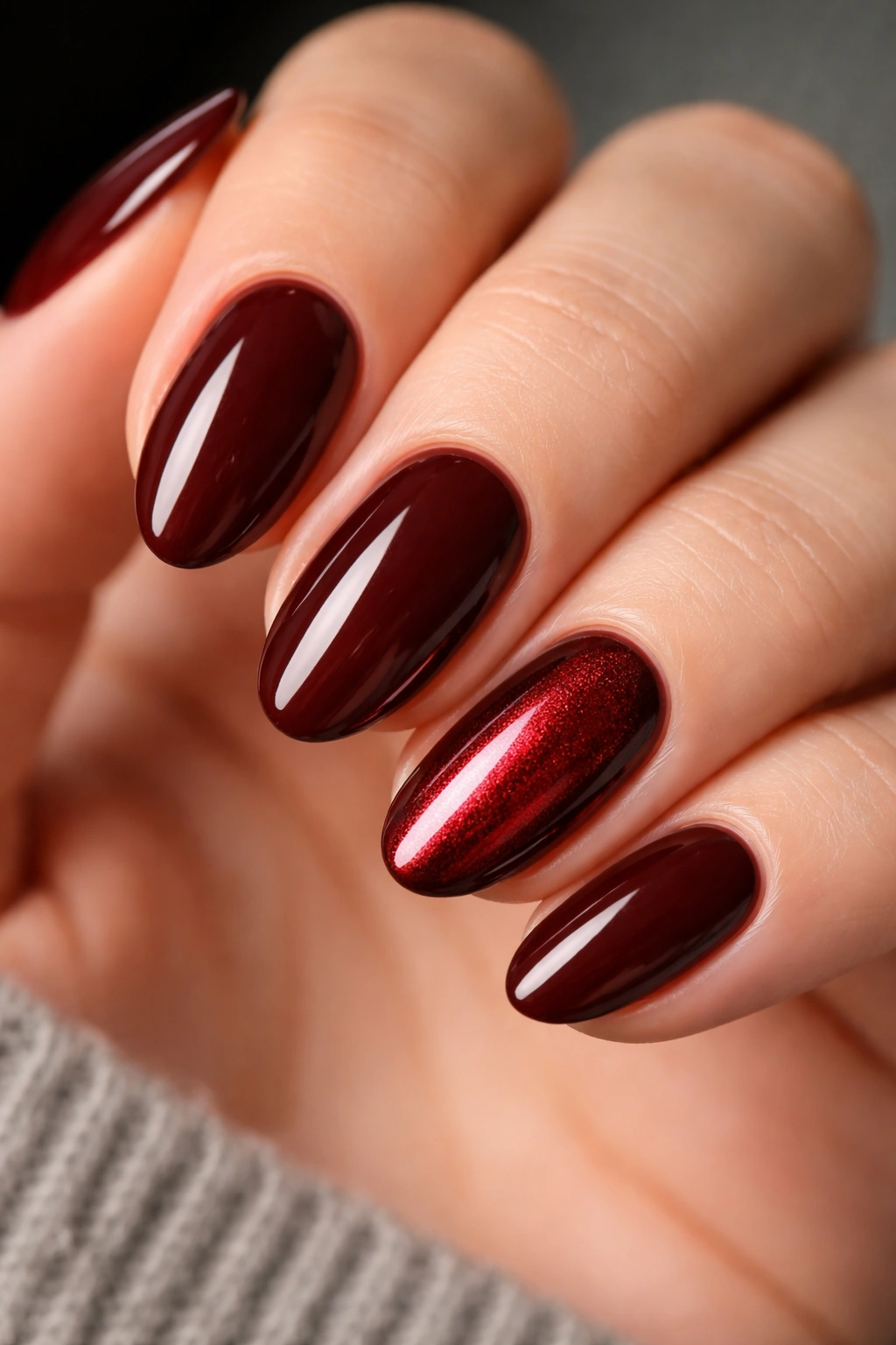 Short almond nails with dark auburn base and chrome red accent nail