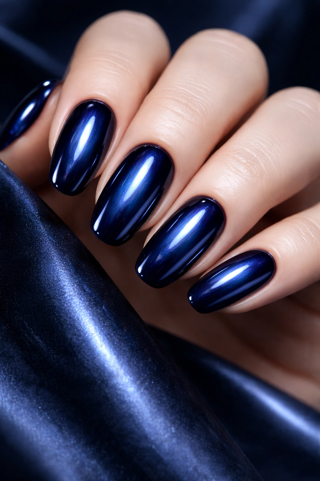 Dark blue chrome nails with jewel-like depth
