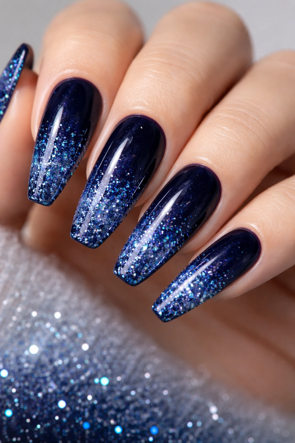 Close-up of dark blue acrylic nails with a glitter gradient for an elegant starry-night effect