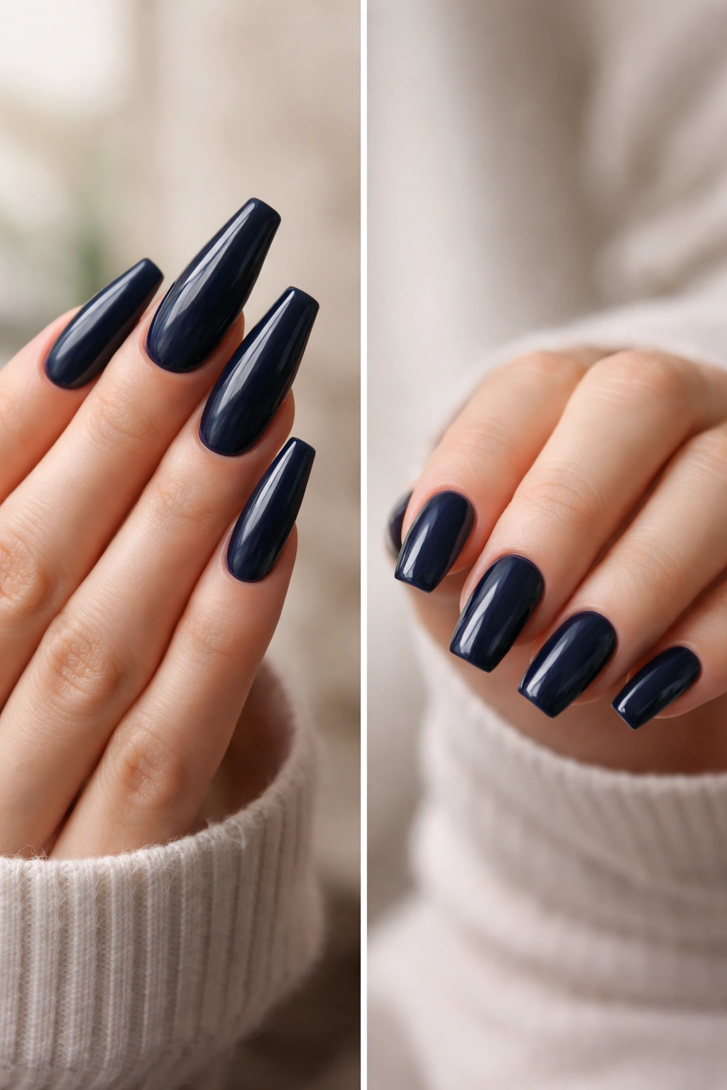 Two hands showing different nail lengths in dark blue ballerina nails
