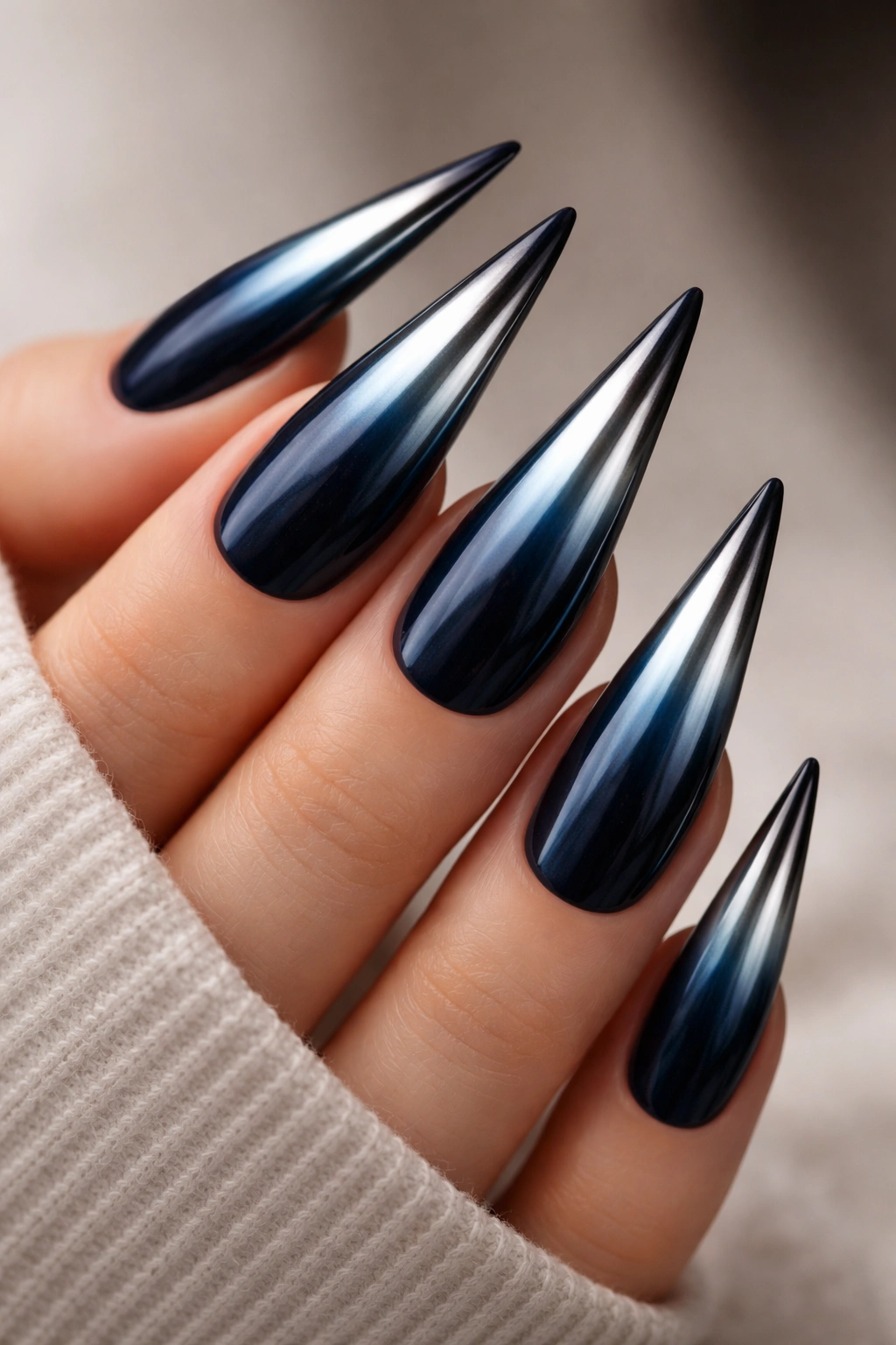 Close-up of dark blue to metallic ombre stiletto nails
