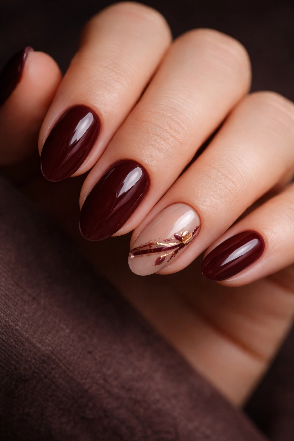 Close-up of dark burgundy nails with one accent nail featuring a subtle detail.