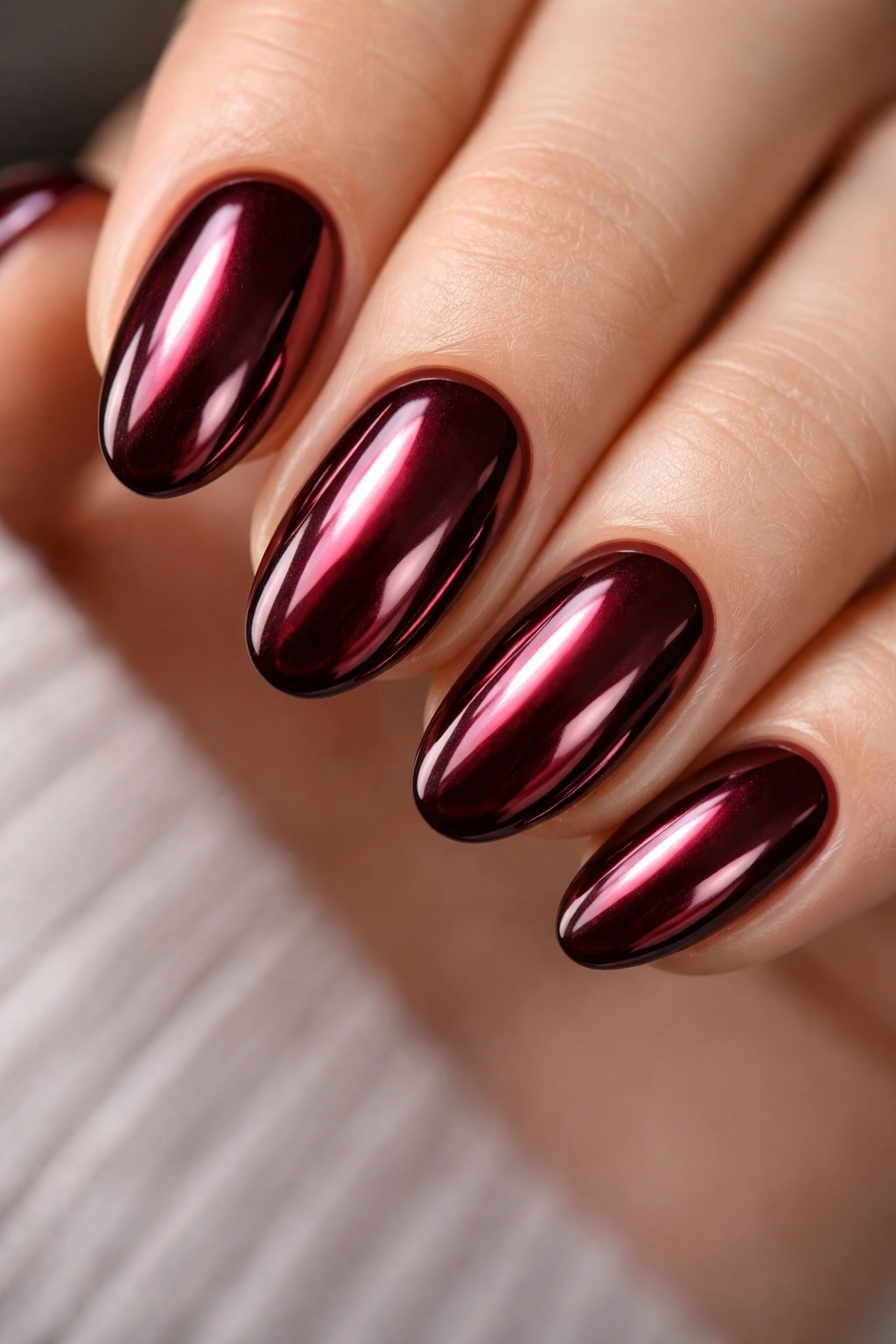 Dark cherry nails with chrome mirror finish on short almond nails