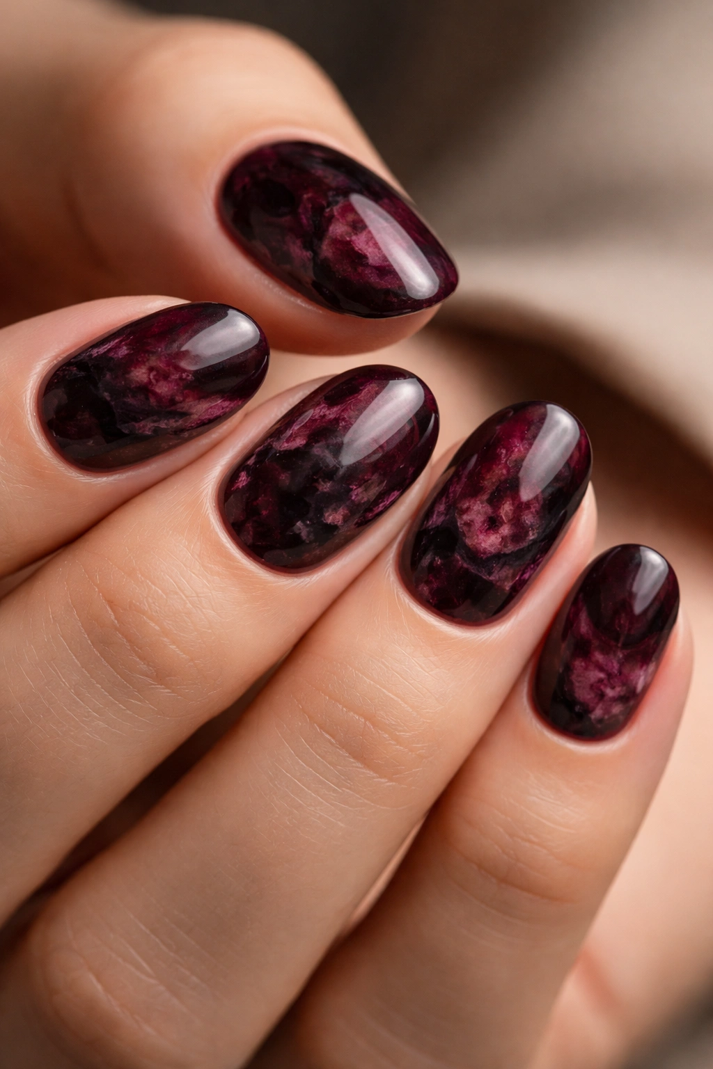 Close-up of dark cherry marble accents on short oval nails with soft marbling